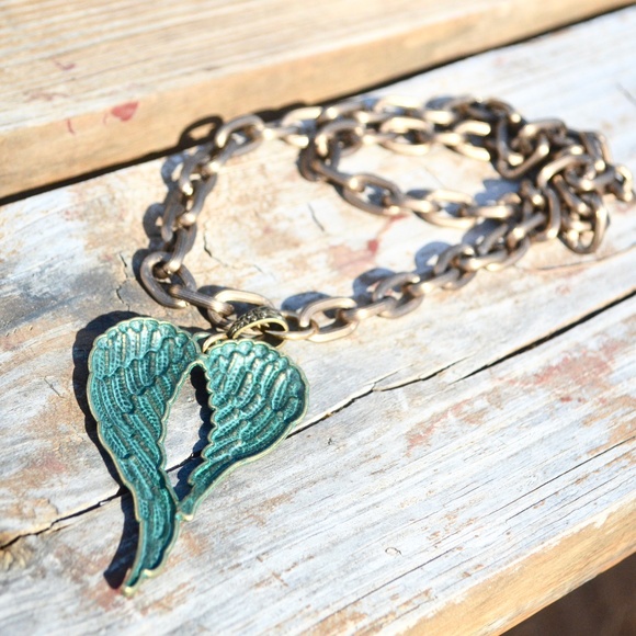 Angel Wings Big Pendant Filigree Necklace Brass Green Patina Verdigris Gift Boho - Picture 3 of 5